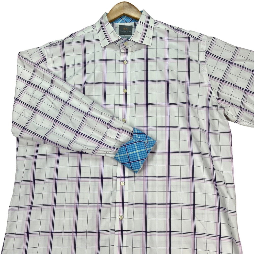 Thomas Dean Button Down Shirt Mens XL White Purple Pink Plaid Flip Cuffs‎ Weave